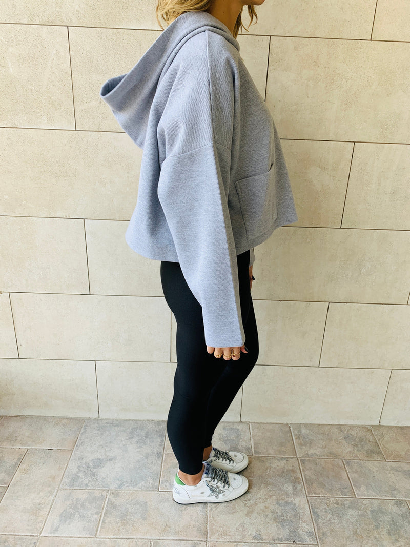 Grey Cropped Downtown Knit Hoodie