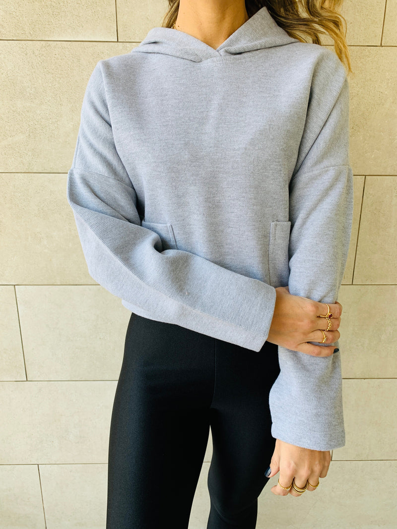 Grey Cropped Downtown Knit Hoodie