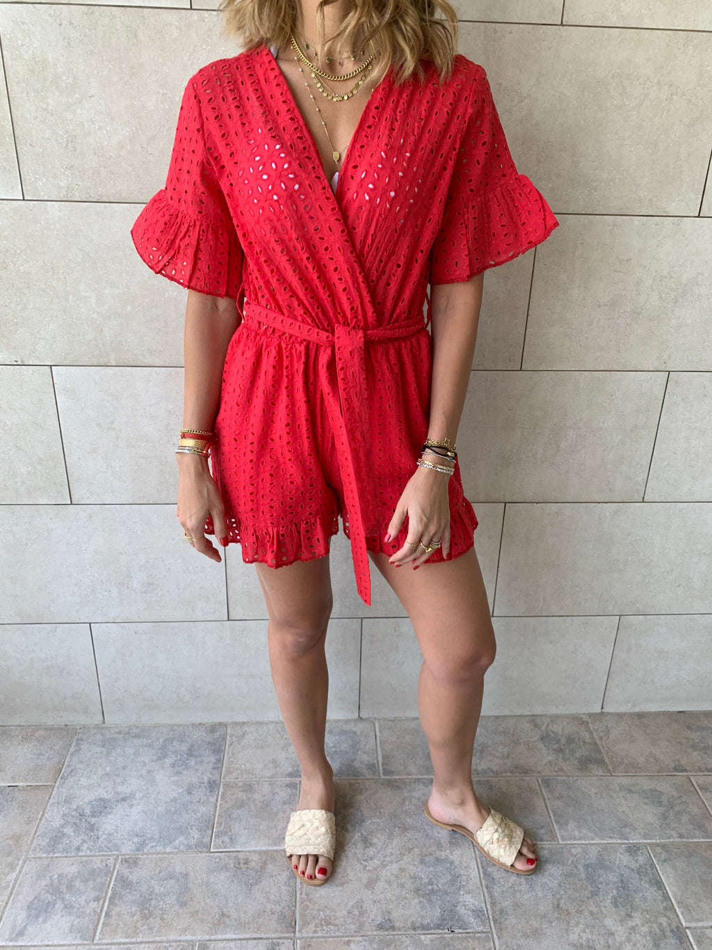 Red Anglaise Playsuit