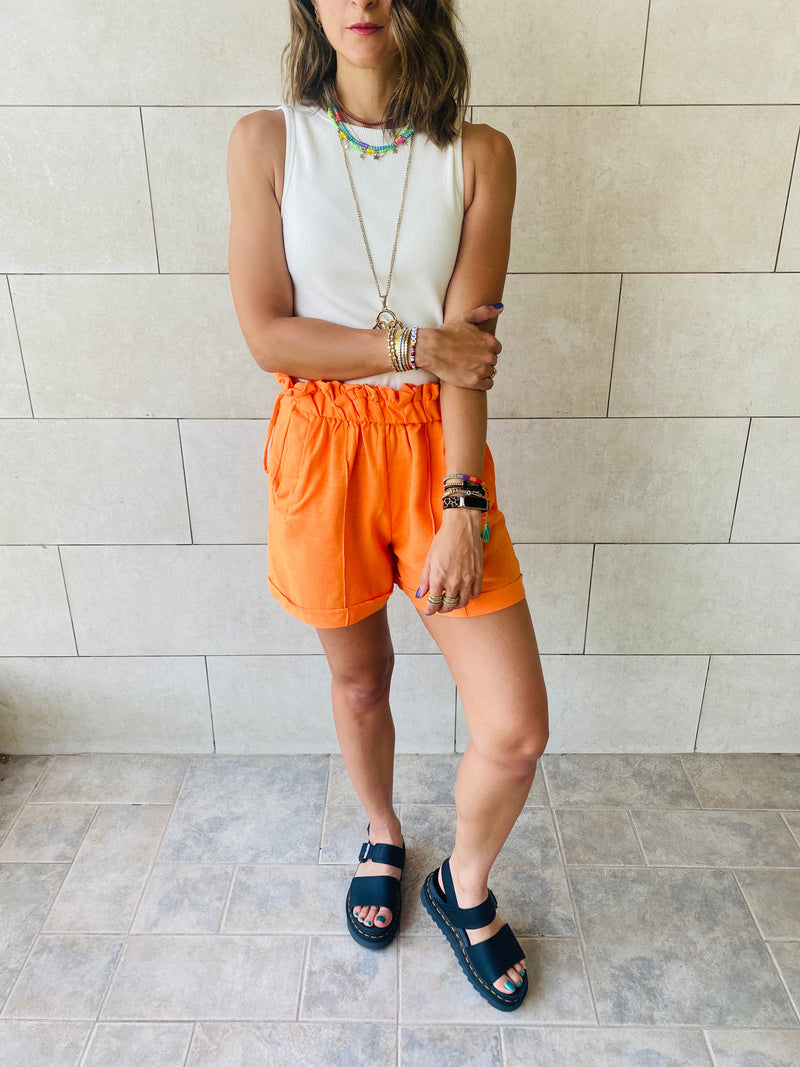 Orange Paperbag Linen Shorts