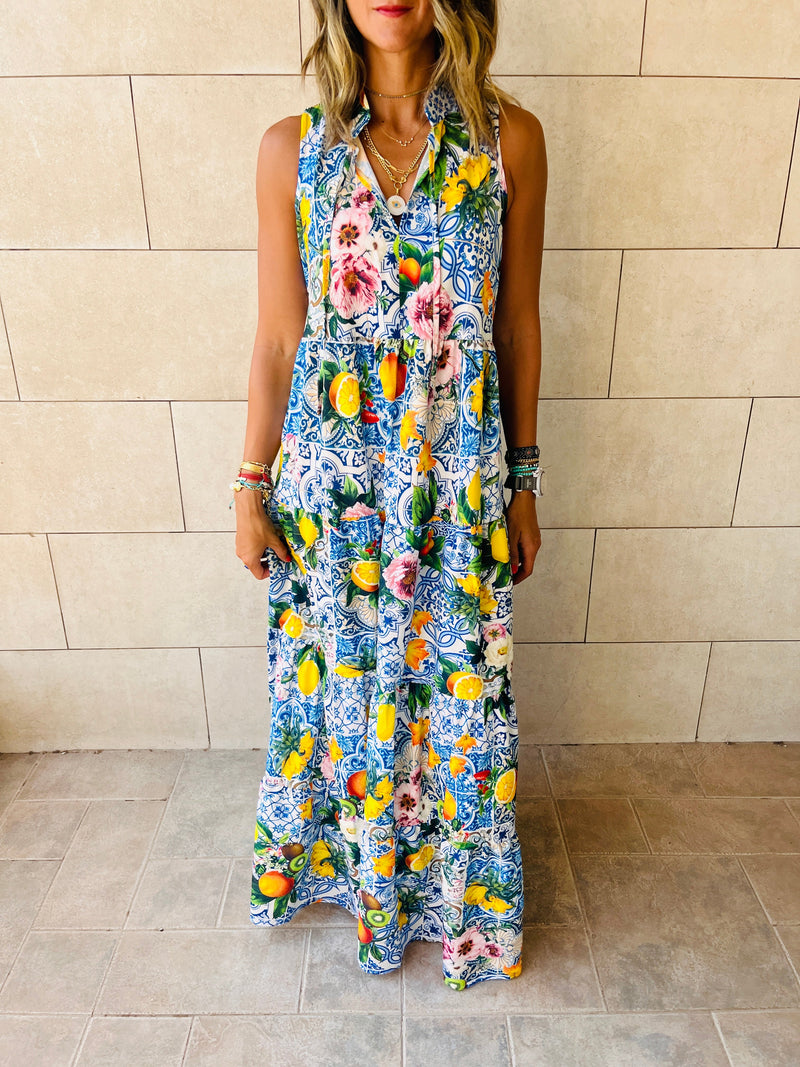 Blue Lemon Print Tiered Dress