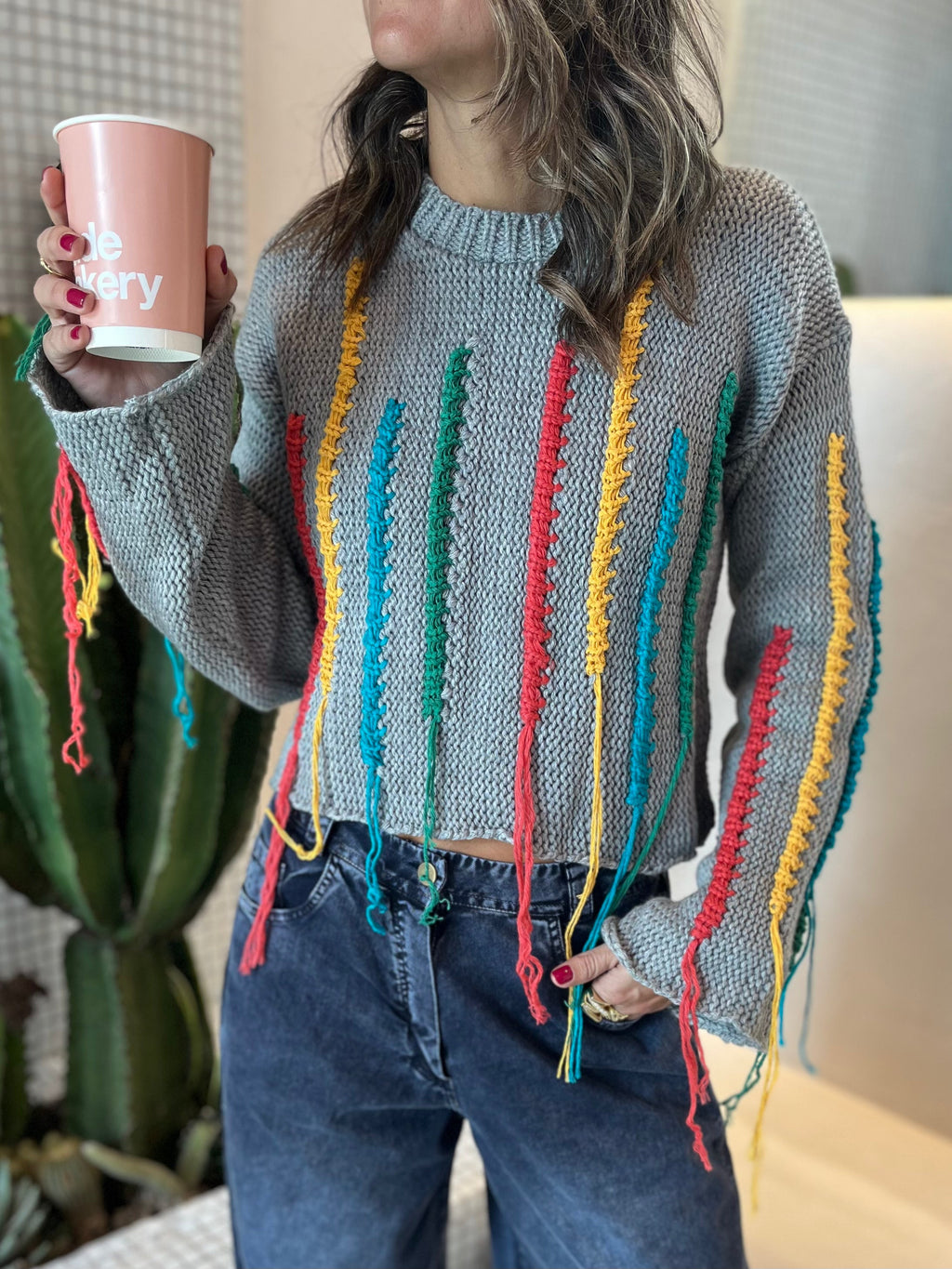 Grey Colorful Stitch Knit