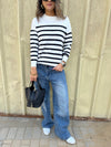 White Striped Button Shoulder Pullover