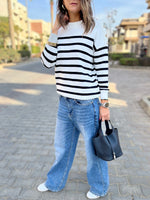 White Striped Button Shoulder Pullover