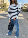 White Striped Button Shoulder Pullover