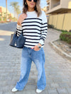 White Striped Button Shoulder Pullover