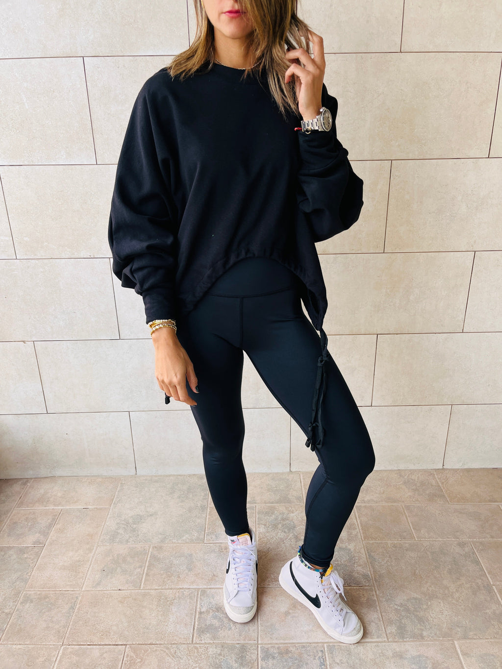 Black Cropped Drawstring Sweatshirt