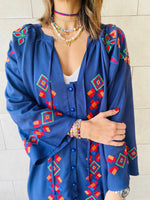 Navy Embroidered Button Kaftan