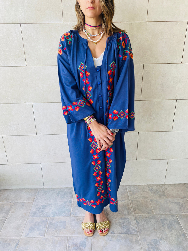 Navy Embroidered Button Kaftan