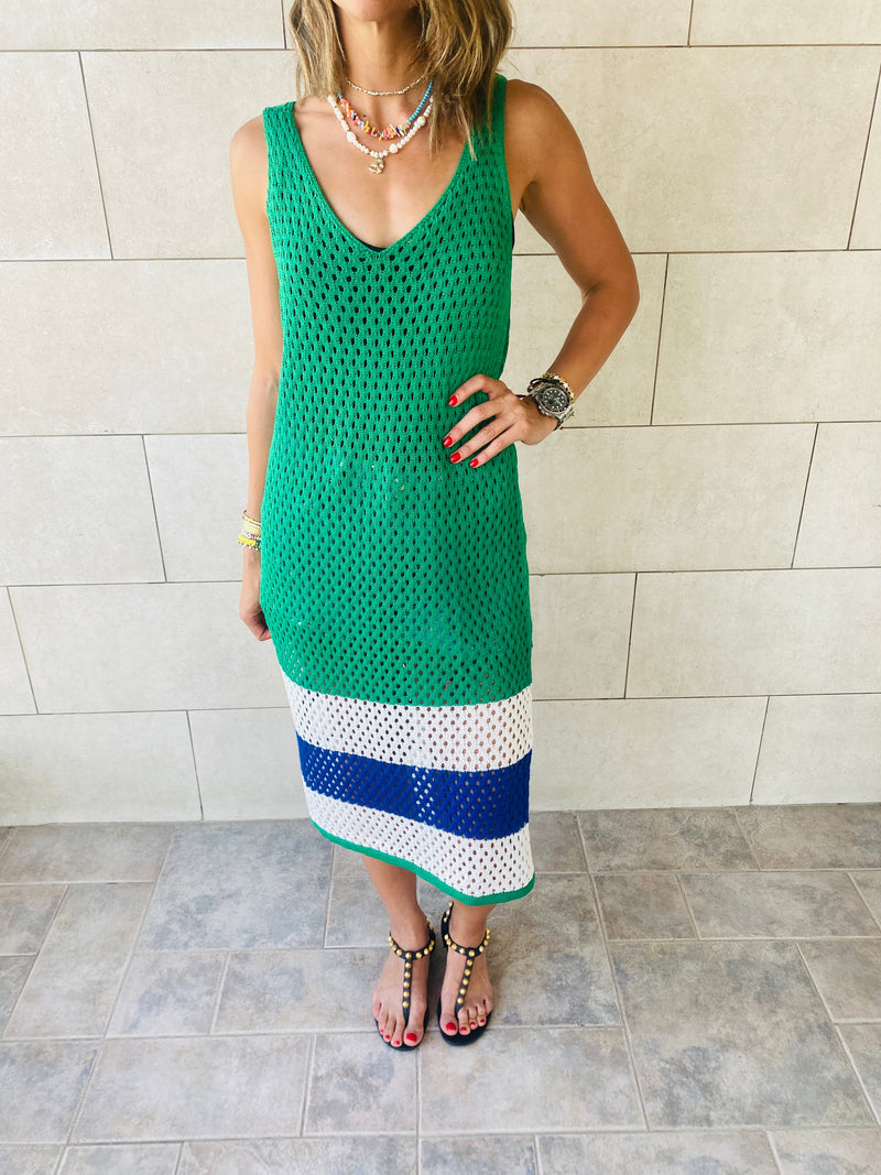 Green Colorblock Trim Crochet Coverup