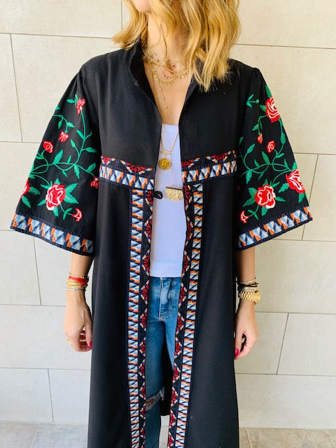 Black Statement Maliqa Embroidered Linen Kimono