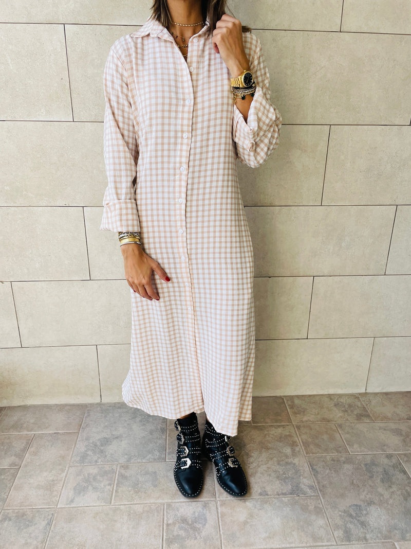 Beige Checkered Shirt Dress