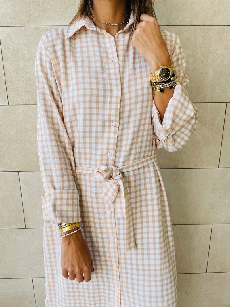 Beige Checkered Shirt Dress