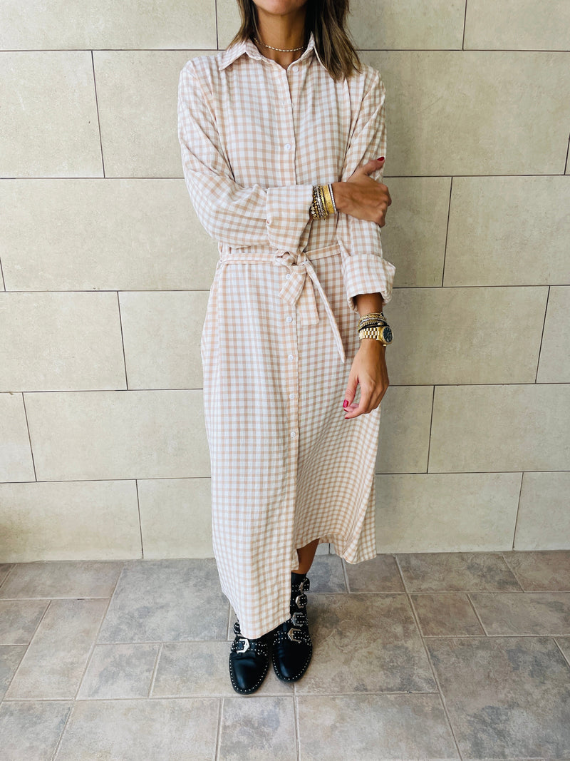 Beige Checkered Shirt Dress