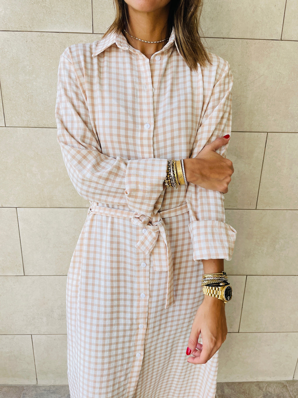 Beige Checkered Shirt Dress