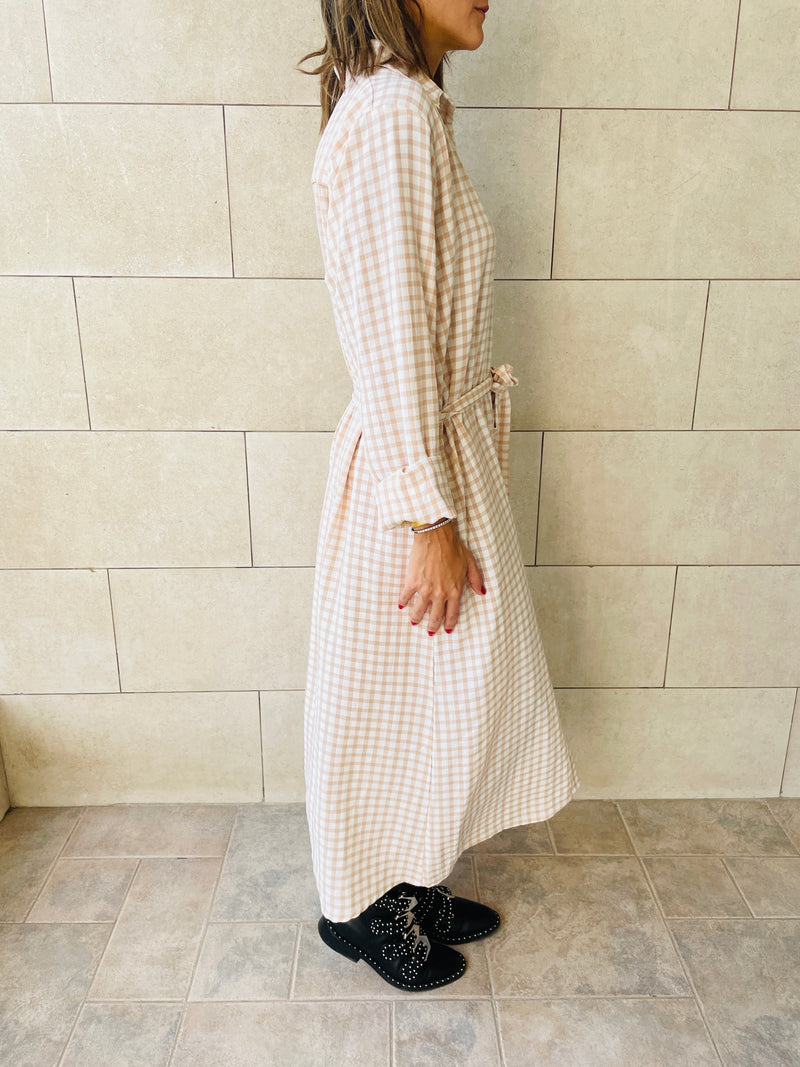 Beige Checkered Shirt Dress