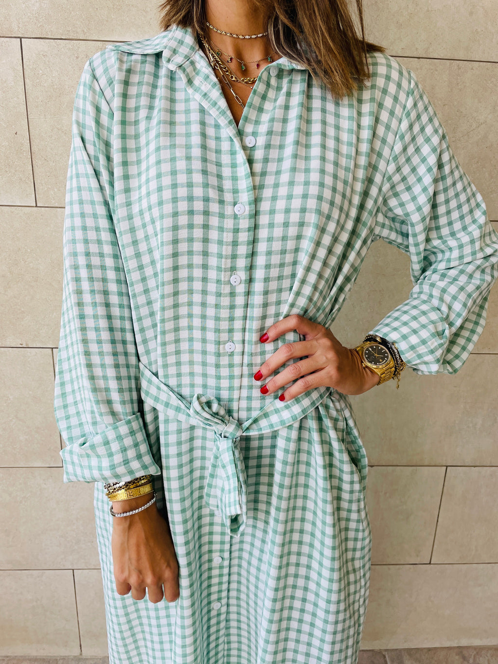 Mint Checkered Shirt Dress