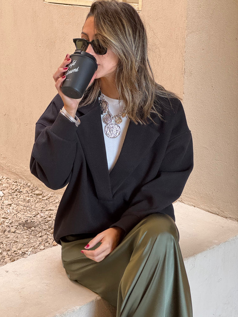 Black Wide Collar Tailored Top