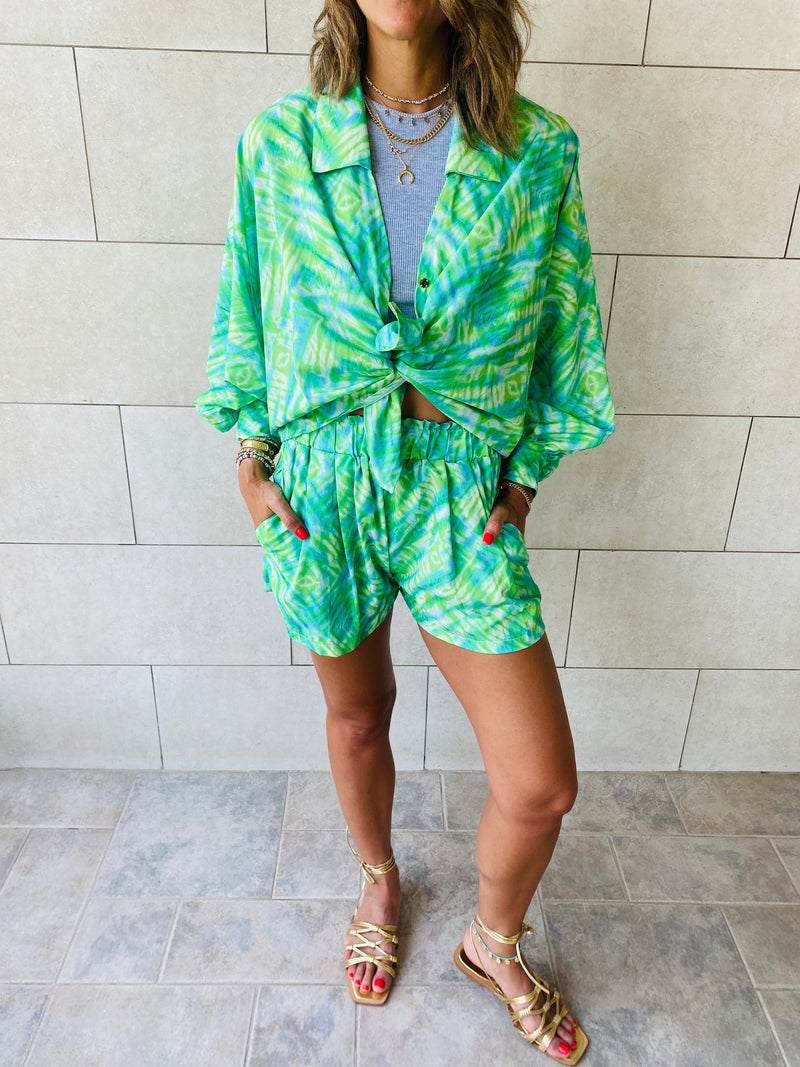 Green Printed Shorts Set