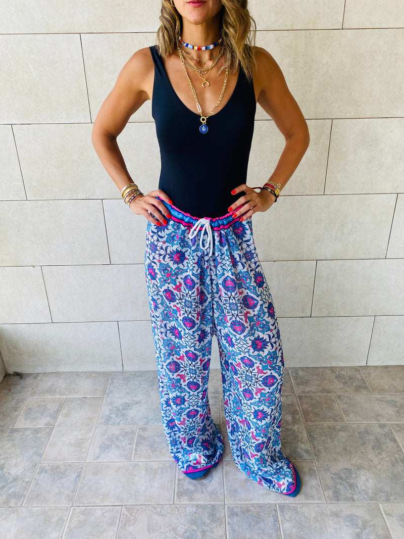 Blue Pattern Chiffon Beach Pants