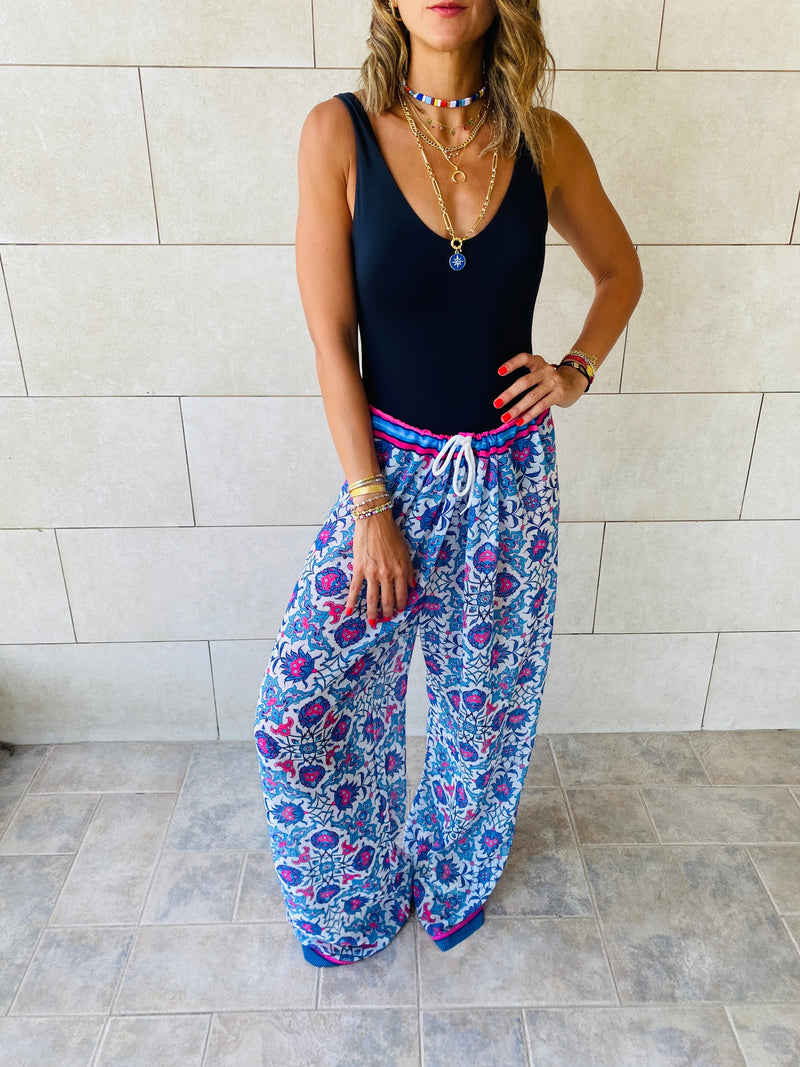 Blue Pattern Chiffon Beach Pants