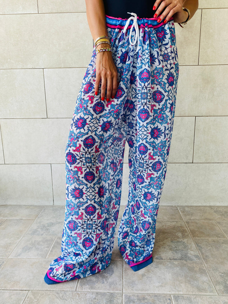 Blue Pattern Chiffon Beach Pants