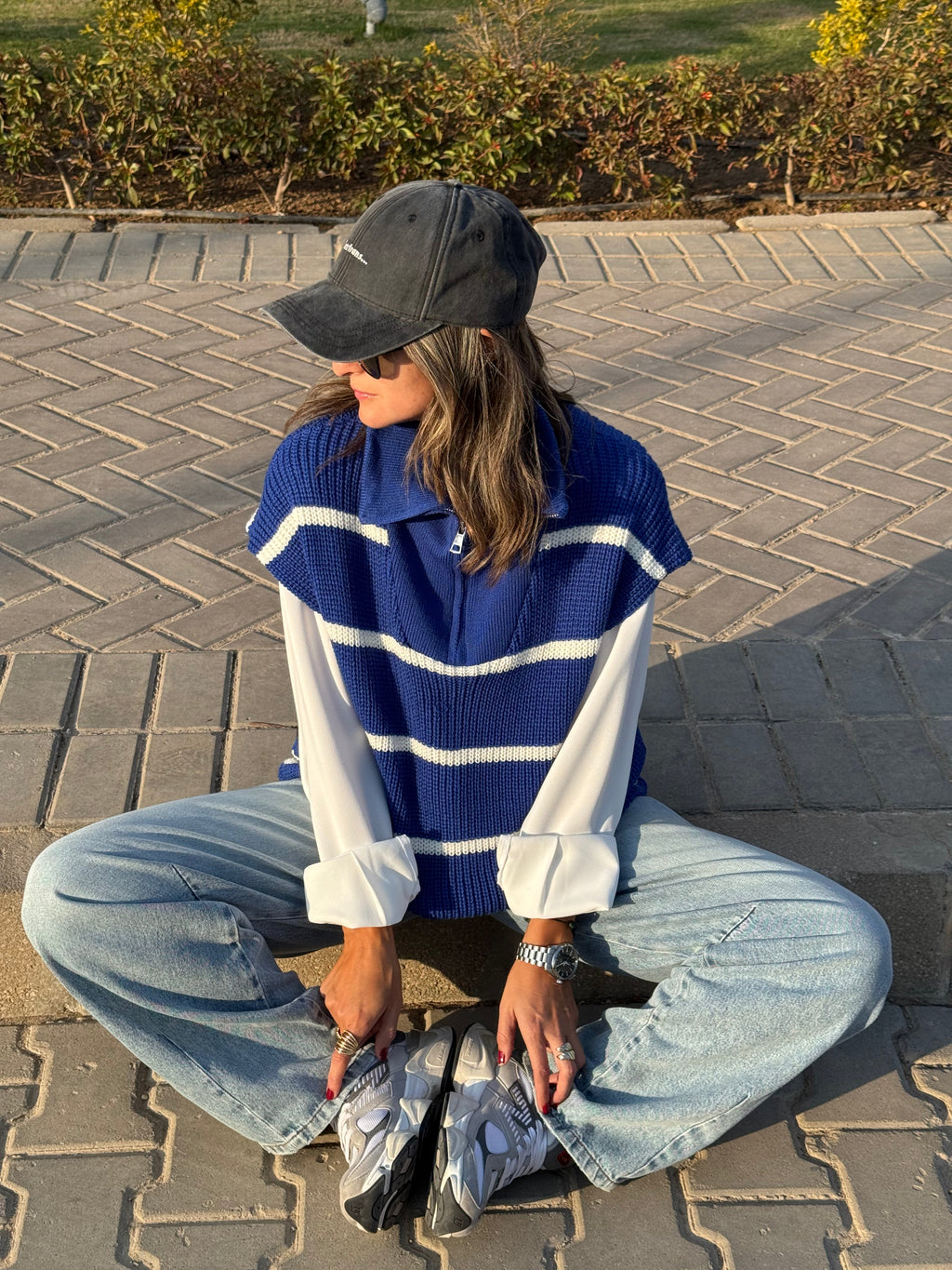 Blue Striped Sleeveless High Neck Quarter Zip Up