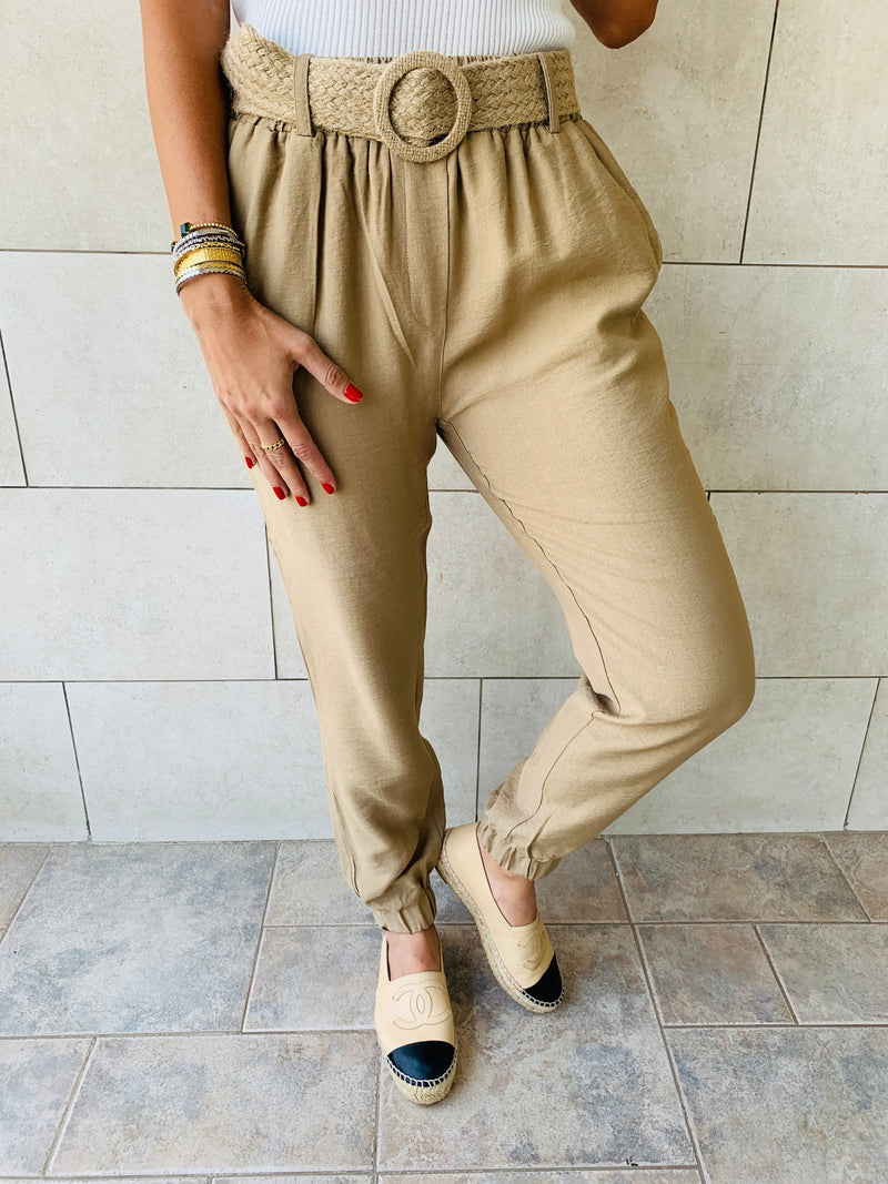 Beige Belted Pants