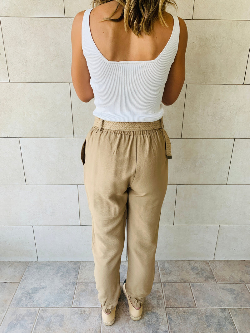 Beige Belted Pants