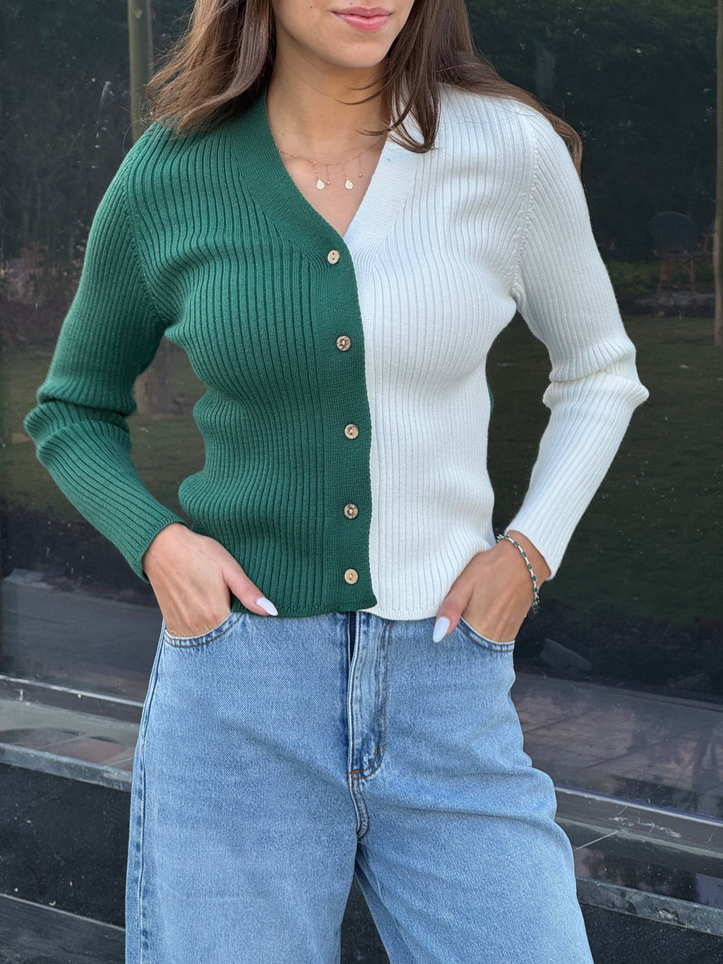 Green & White Contrast Knit Sweater