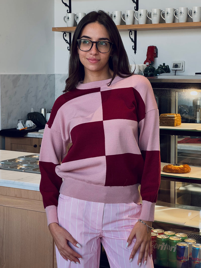 Pink & Burgundy Retro Inspired Checkered Jumper