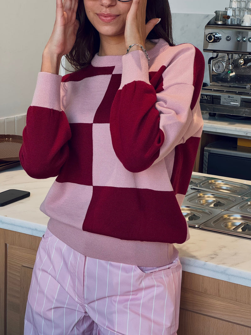 Pink & Burgundy Retro Inspired Checkered Jumper