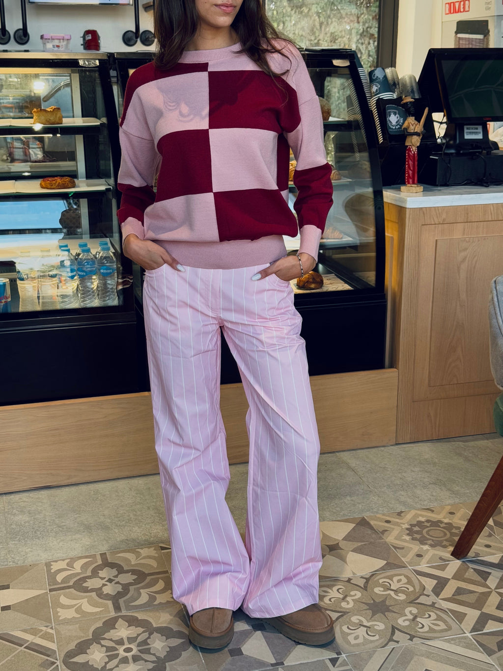 Pink & Burgundy Retro Inspired Checkered Jumper