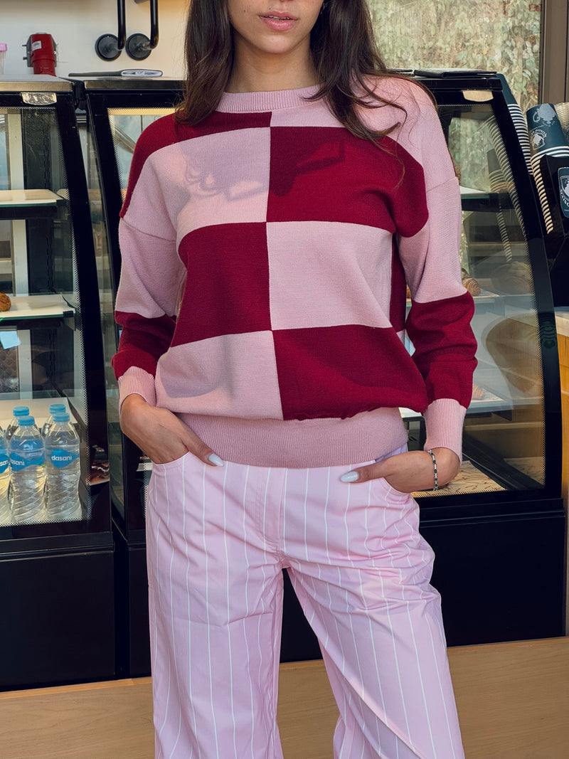 Pink & Burgundy Retro Inspired Checkered Jumper