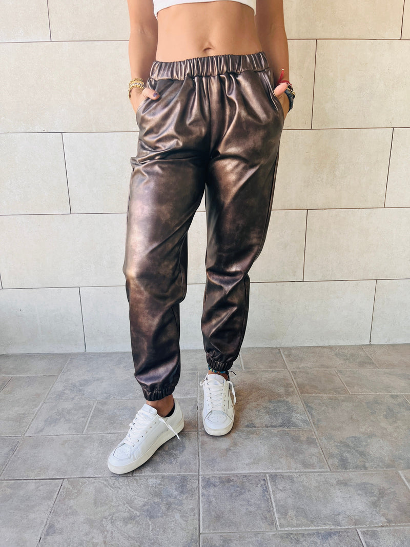 Brass Metallic Leather Jogger