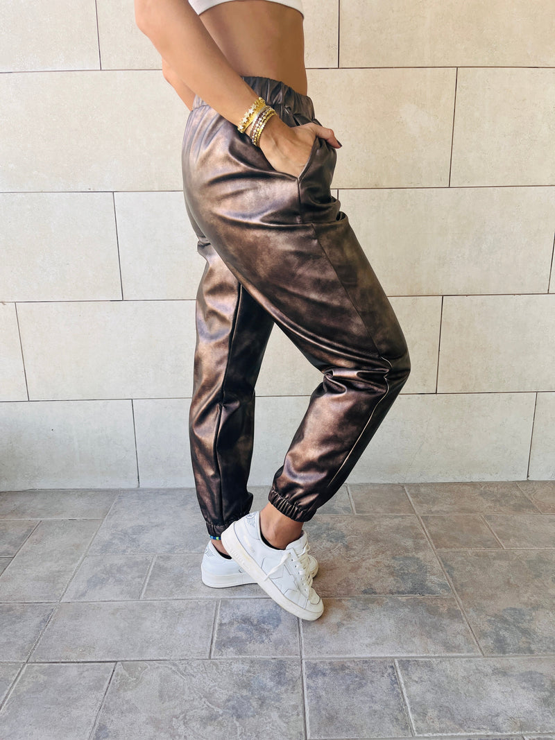 Brass Metallic Leather Jogger