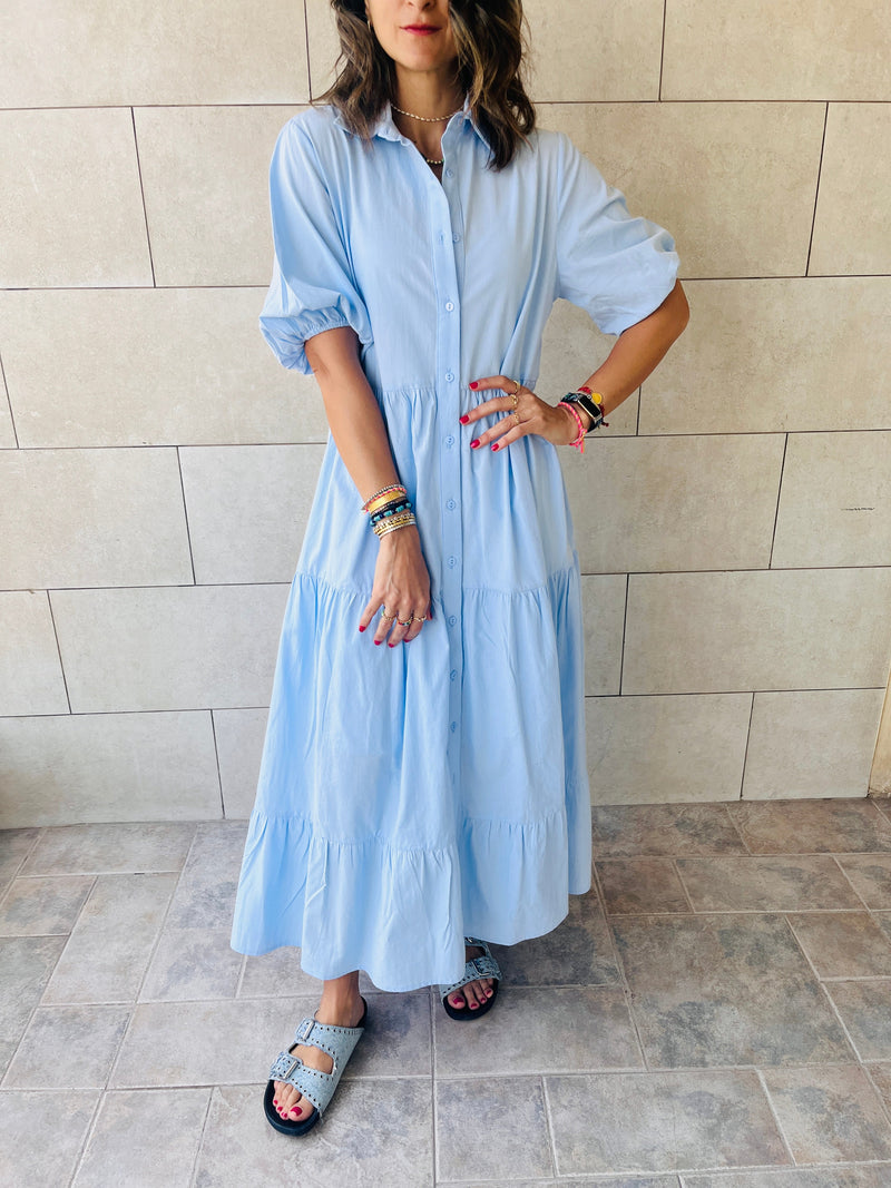 Baby Blue Cake Tiered Short Sleeve Dress