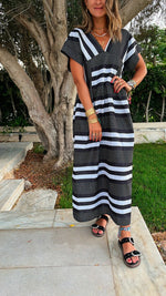 Black Short Sleeve V Striped Dress